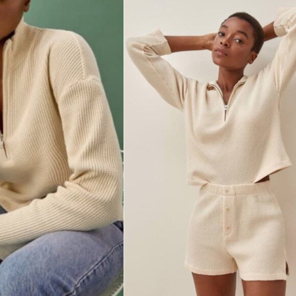 Reformation Yale Waffle Knit Half Zip Top Small Cotton Sweatshirt - Picture 1 of 7